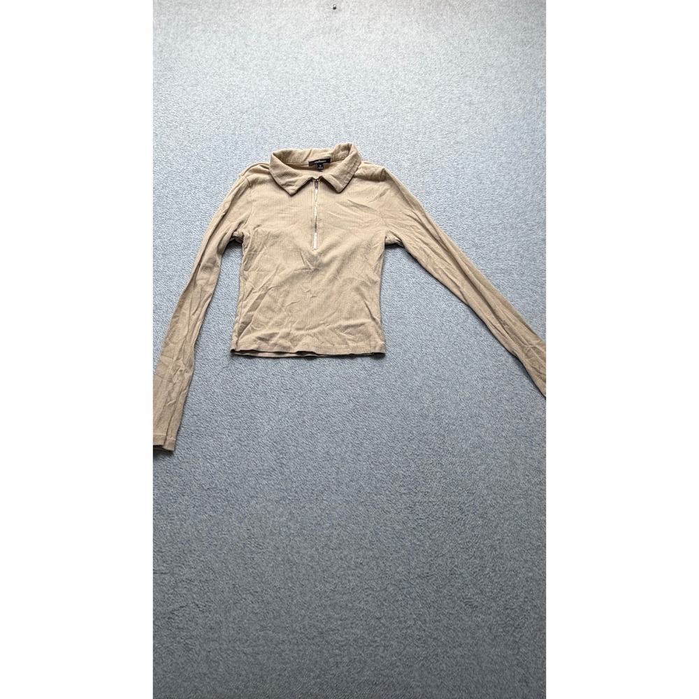 Ambiance Womens Tan Beige Ribbed Knit Quarter Zip Long Sleeve Collar Top Size M